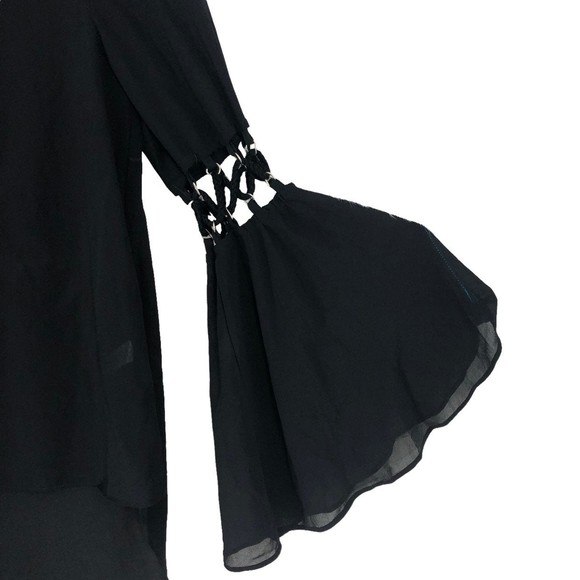 Double Zero Sheer Black Fancy Bell Sleeve Top with Hi/Lo Hem sz M Sexy Tunic - Picture 3 of 8